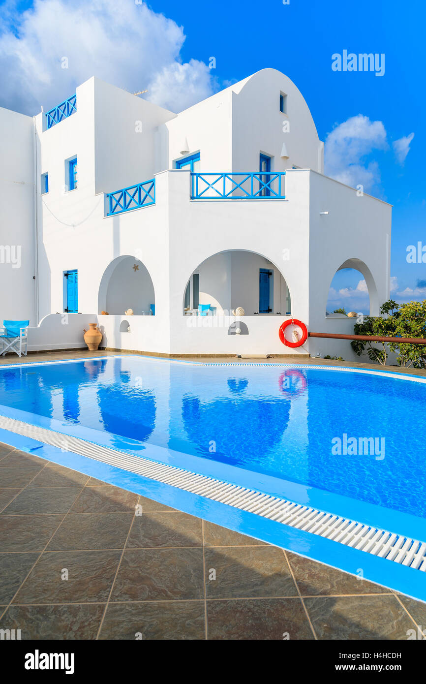 Swimming pool and typical Greek style apartments in Imerovigli village