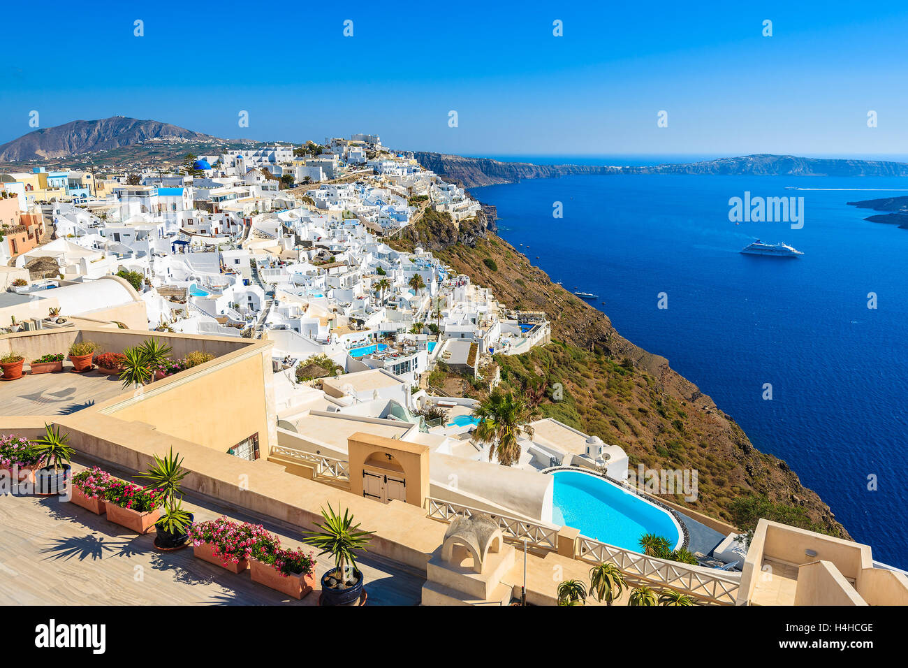 View of Firostefani village with sea in background at sunset time, Santorini island, Greece Stock Photo