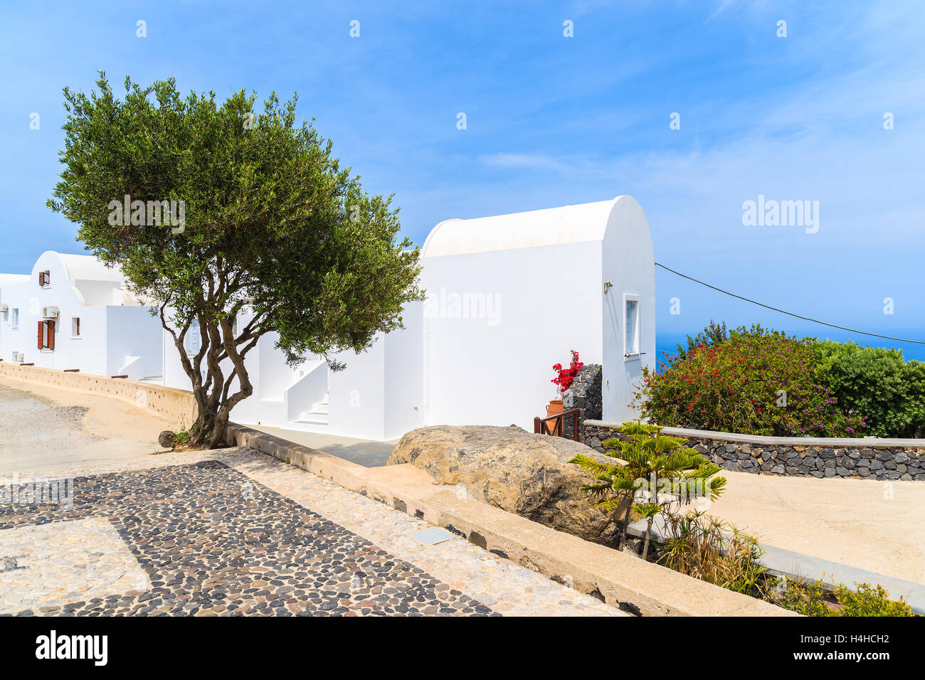 Typical Greek style houses in Imerovigli village on Santorini island, Greece Stock Photo