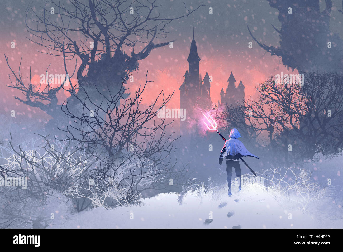 knight with trident in winter landscape,illustration painting Stock Photo