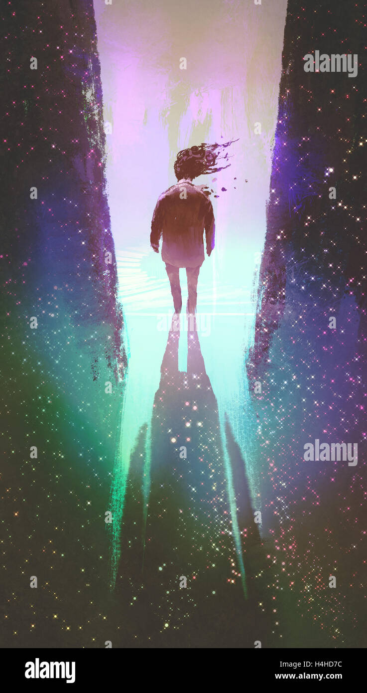 man walking out from a dark space into light,illustration painting Stock Photo