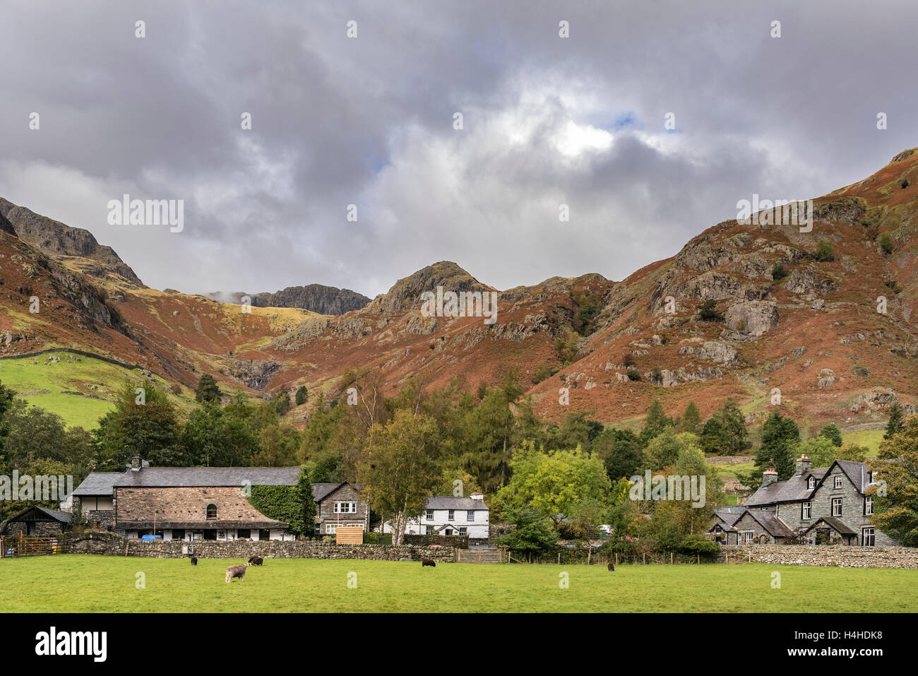 The Dungeon Ghyll in the Langdale valley nestling below Stickle Tarn and Pavey Ark. Stock Photo