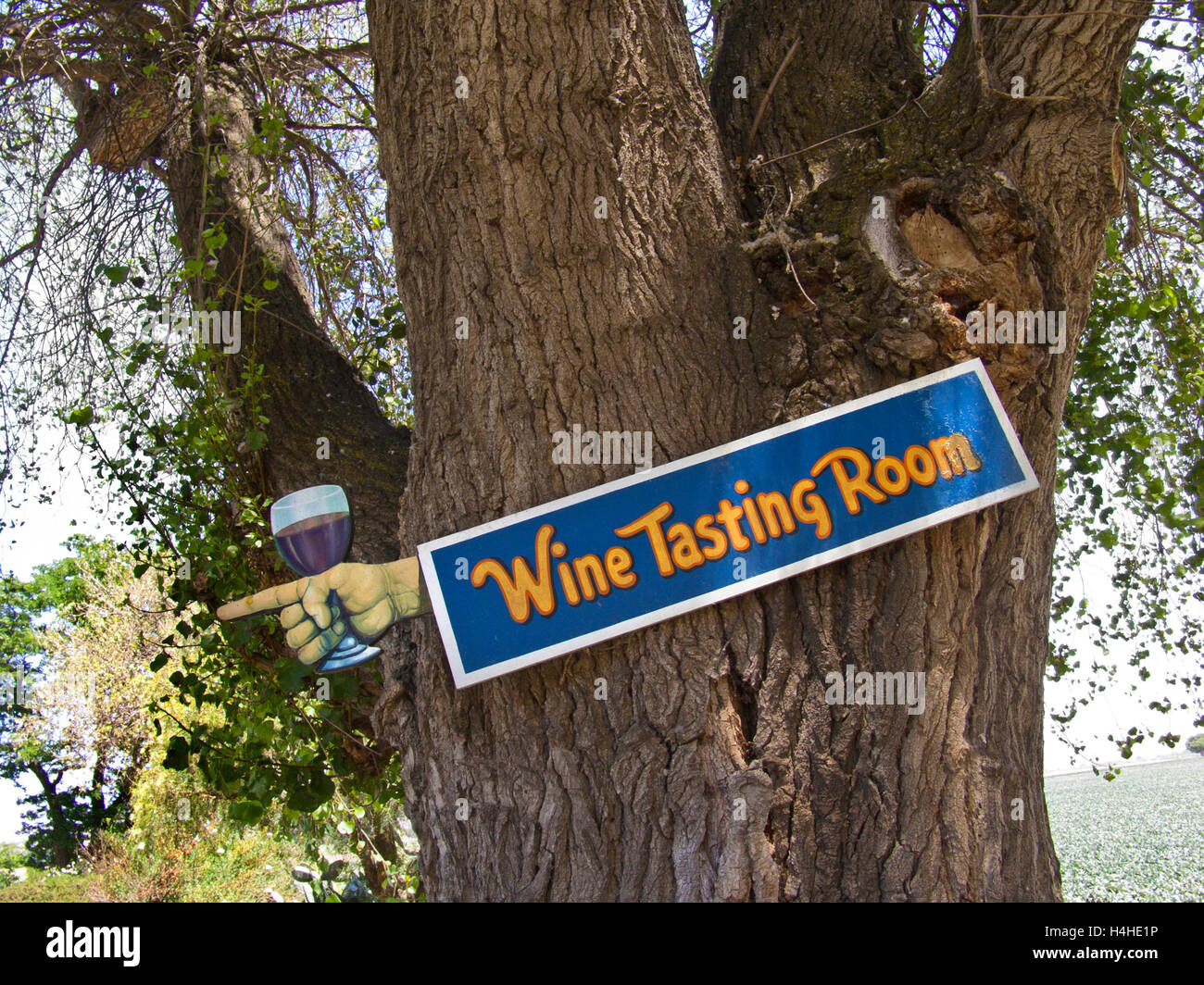 Rustic wine tasting direction sign at Pessagno Winery, Santa Lucia Highlands, Monterey Co., California. Stock Photo