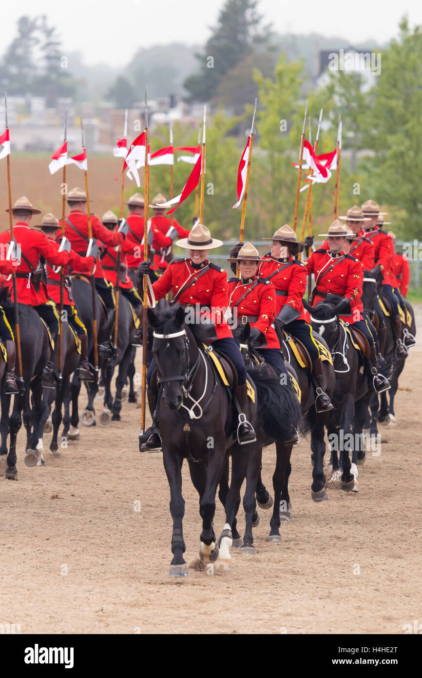 Our proud RCMP performing their Musical Ride performance at the Ancaster Fairgrounds at 630 Trinity Road in Ancaster, Ontario on Stock Photo