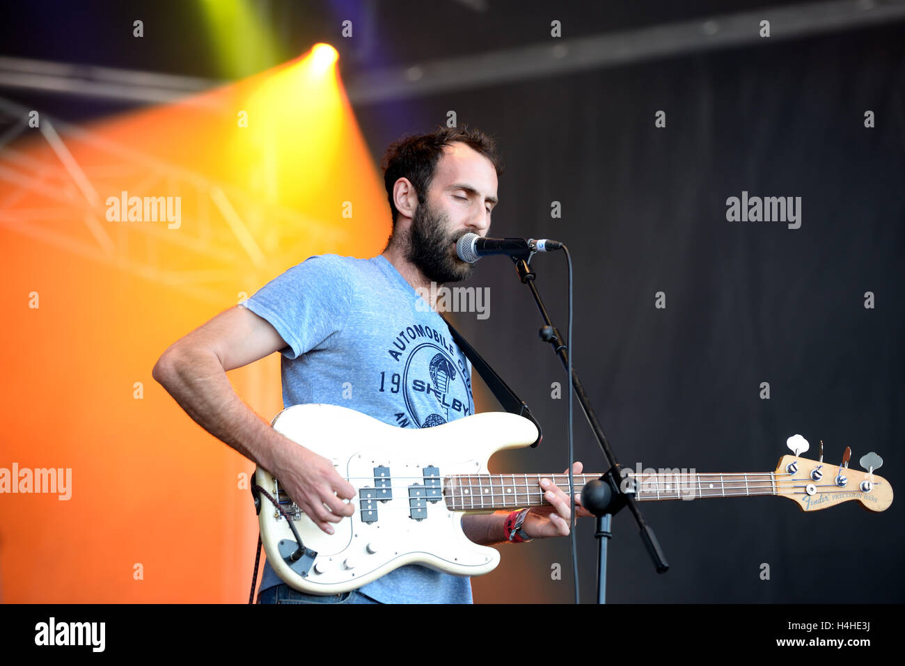 BARCELONA - MAY 28: The bass player of Viet Cong (band) performs at Primavera Sound 2015 Festival. Stock Photo