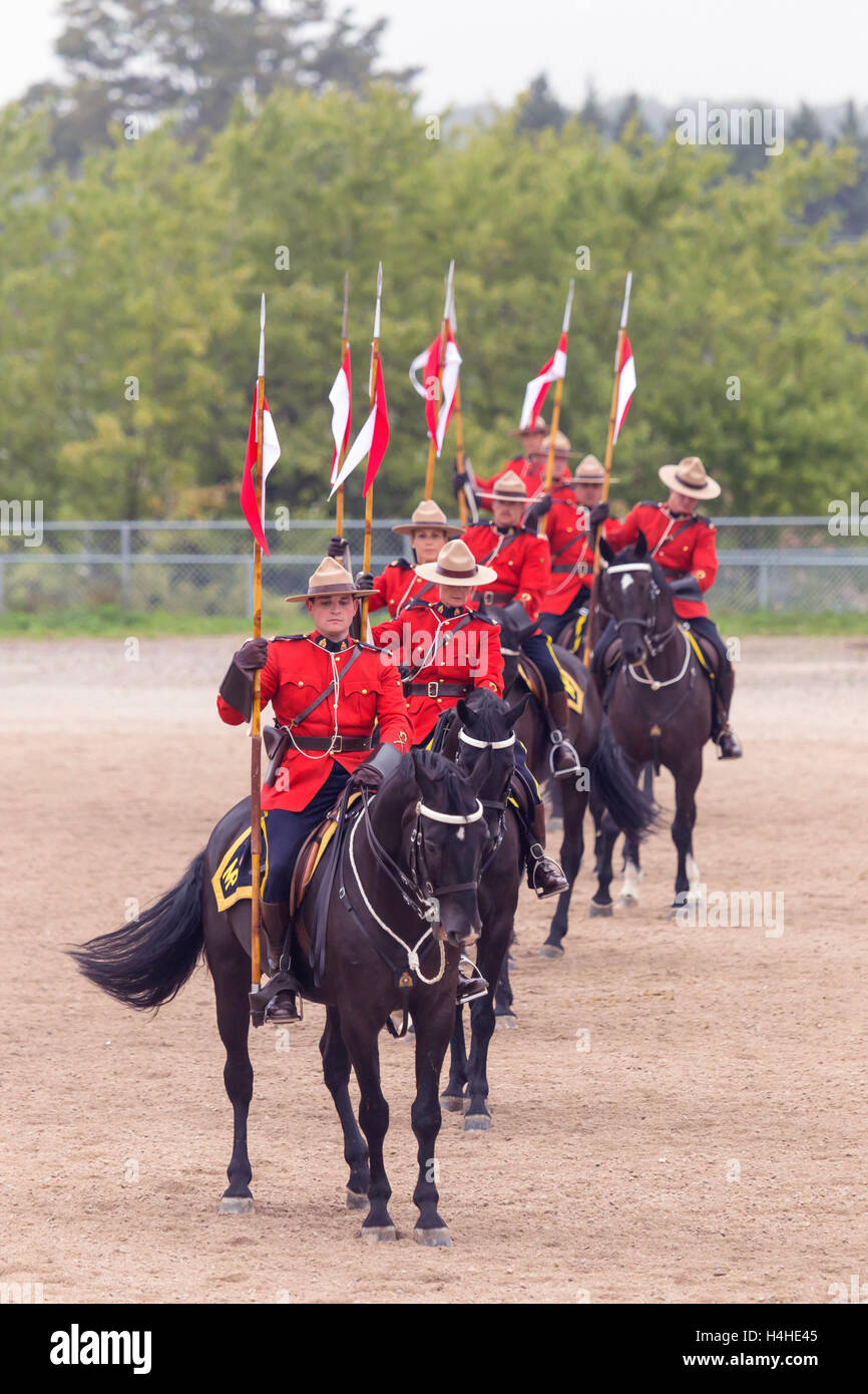 Our proud RCMP performing their Musical Ride performance at the Ancaster Fairgrounds at 630 Trinity Road in Ancaster, Ontario on Stock Photo