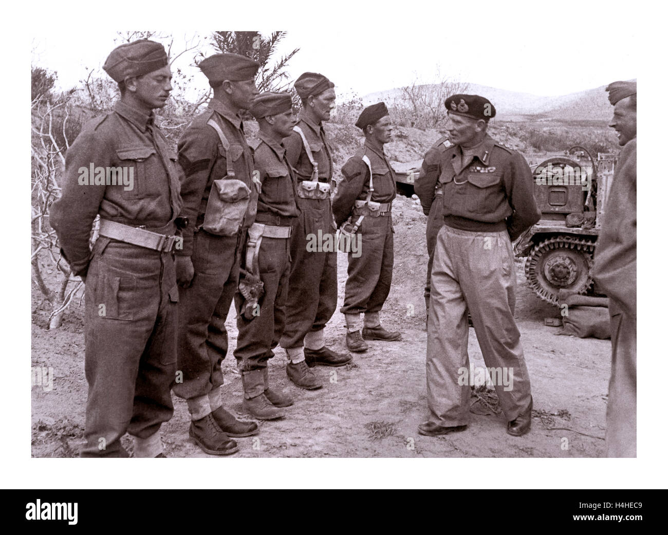'MONTY' Field Marshall Bernard Montgomery, the hero of El Alamein and North Africa, reviewing an army platoon. He was one of the most inspirational military commanders of World War Two. Second World War WW2 Stock Photo