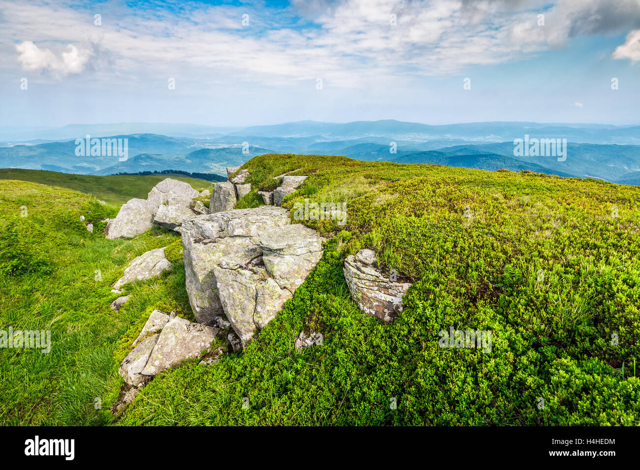white sharp stones and boulders on the hillside on top of Carpathian ...