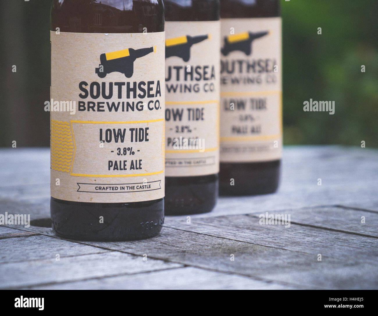 Low Tide Pale Ale, brewed by Southsea Brewing Co. which is an artisan brewery located in an old ammunition storage room within the walls of a coastal defence fort built by King Henry VIII in 1544. Stock Photo