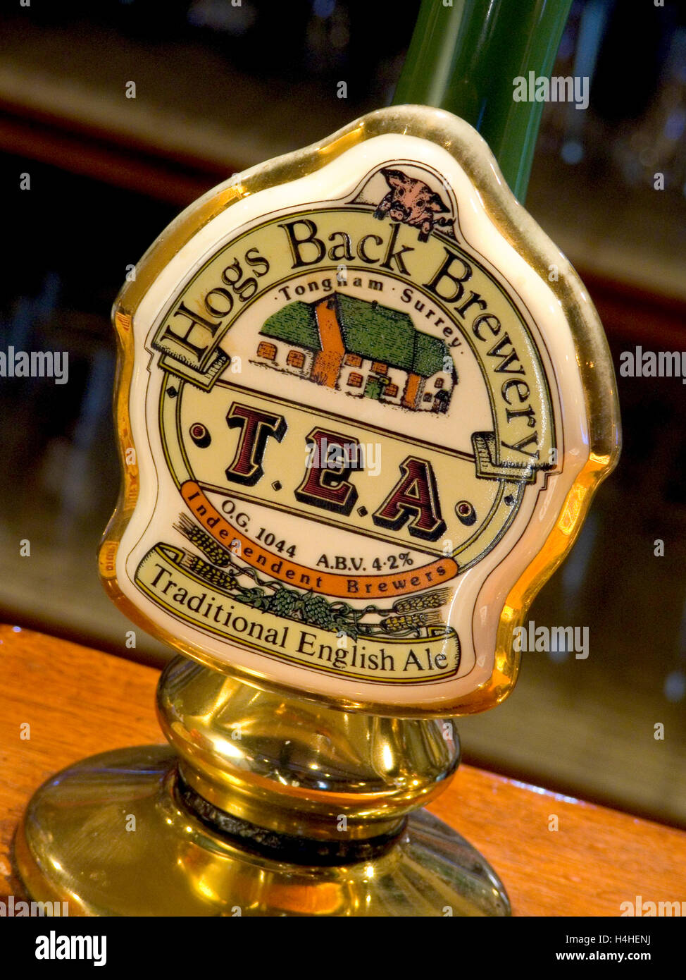 English ale pump label 'T.E.A.' Traditional beer at the Hogs Back