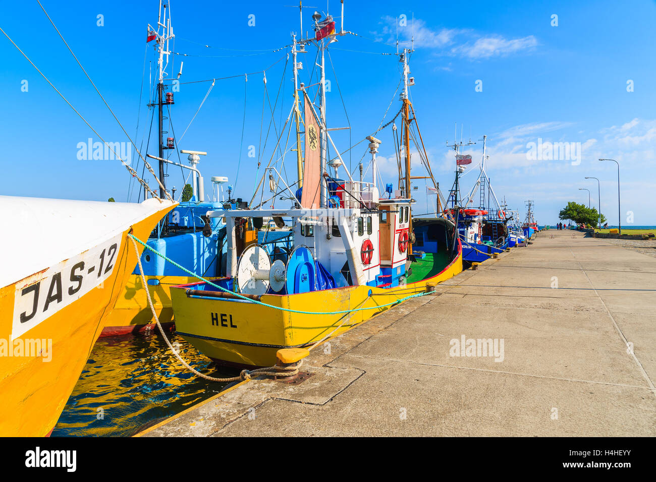JASTARNIA PORT, POLAND - JUN 21, 2016: fishing boats in Jastarnia port on Hel peninsula, Baltic Sea, Poland. Fishing is major so Stock Photo