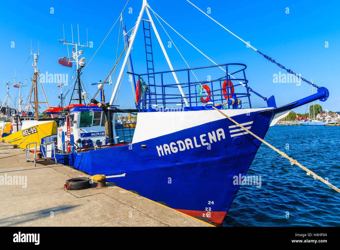 JASTARNIA PORT, POLAND - JUN 21, 2016: fishing boats in Jastarnia port on Hel peninsula, Baltic Sea, Poland. Fishing is major so Stock Photo