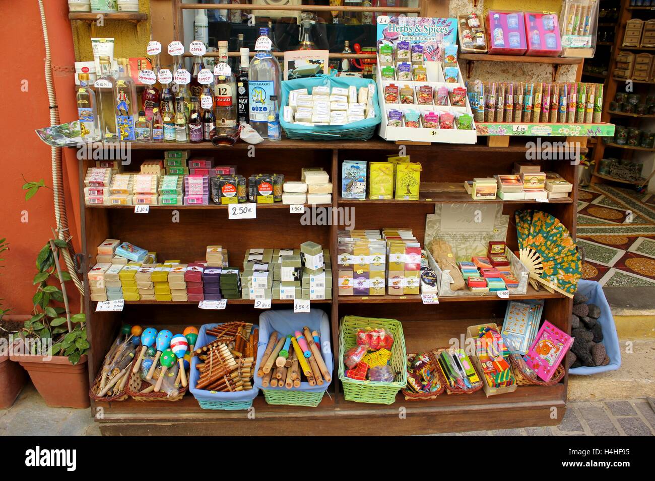 Shop front display in Greece selling soaps and spices Stock Photo