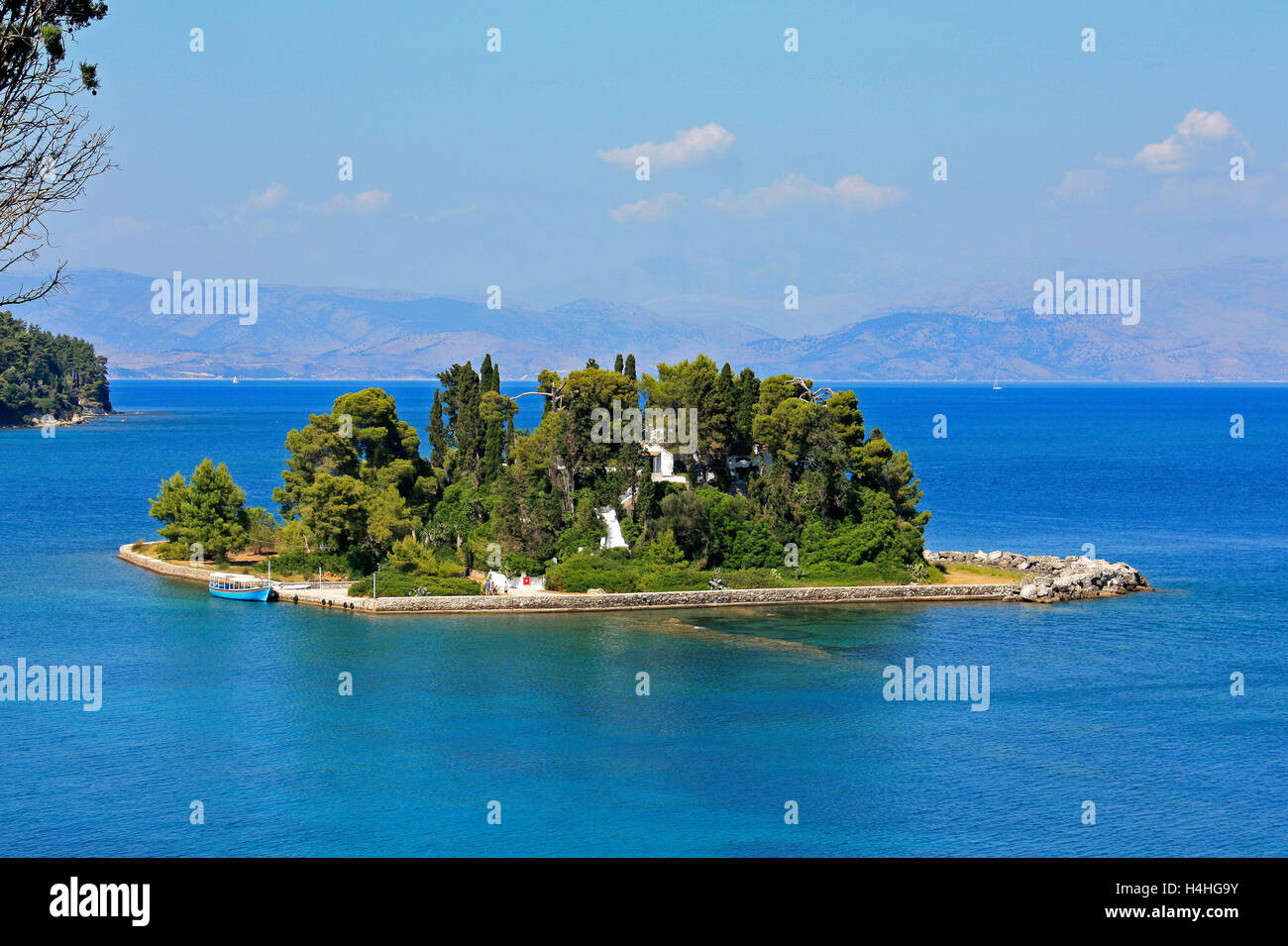 Pontikonisi Island and the,Church of Pantokrator Corfu Greek Ionian Island Greece EU European Union Europe Stock Photo