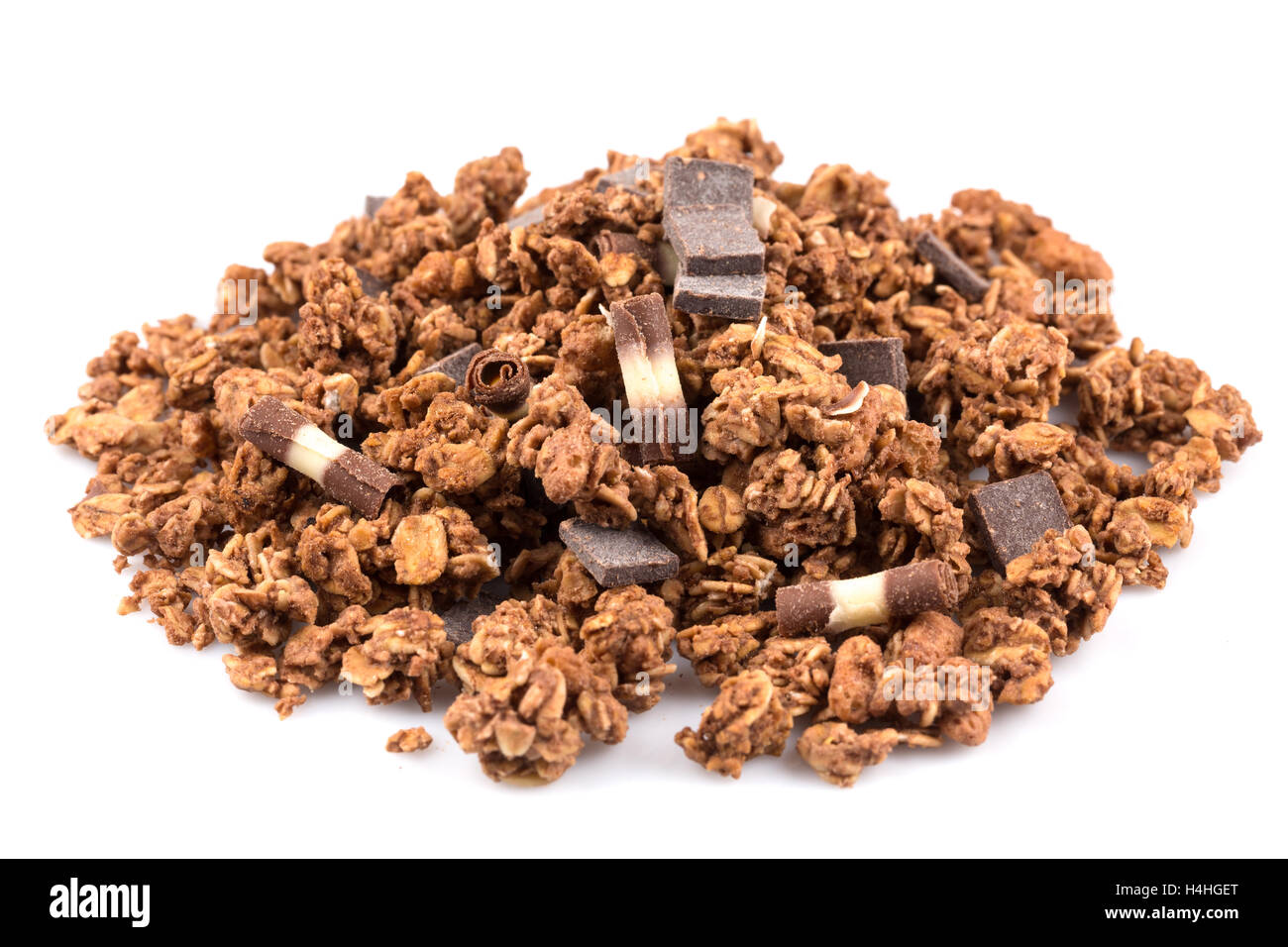 Macro close up of chocolate muesli with pieces of chocolate Stock