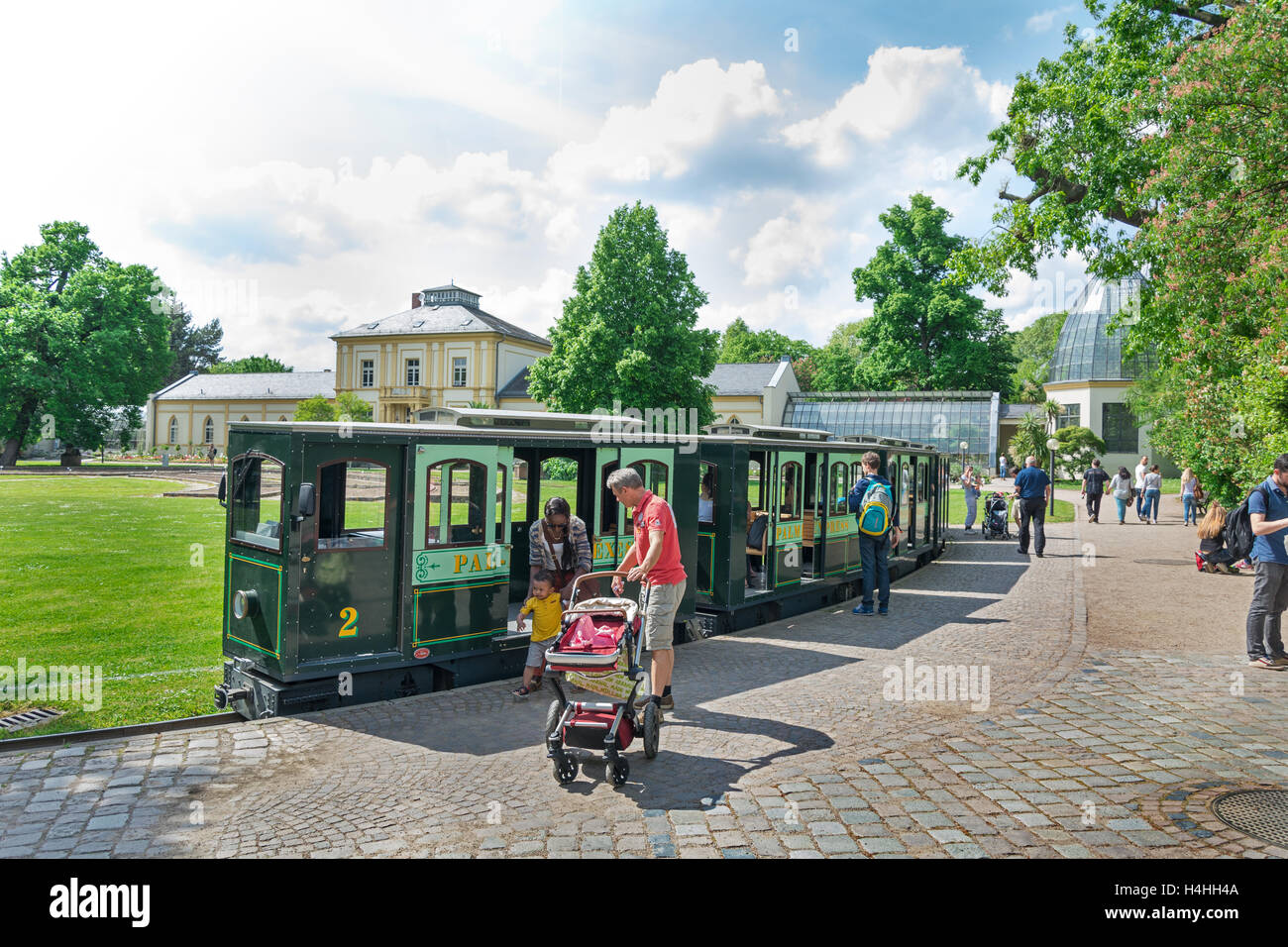 FRANKFURT, GERMANY - May 23, 2016: A little train at the Palmengarten, a botanical garden in Frankfurt.  The Palmengarten is one Stock Photo