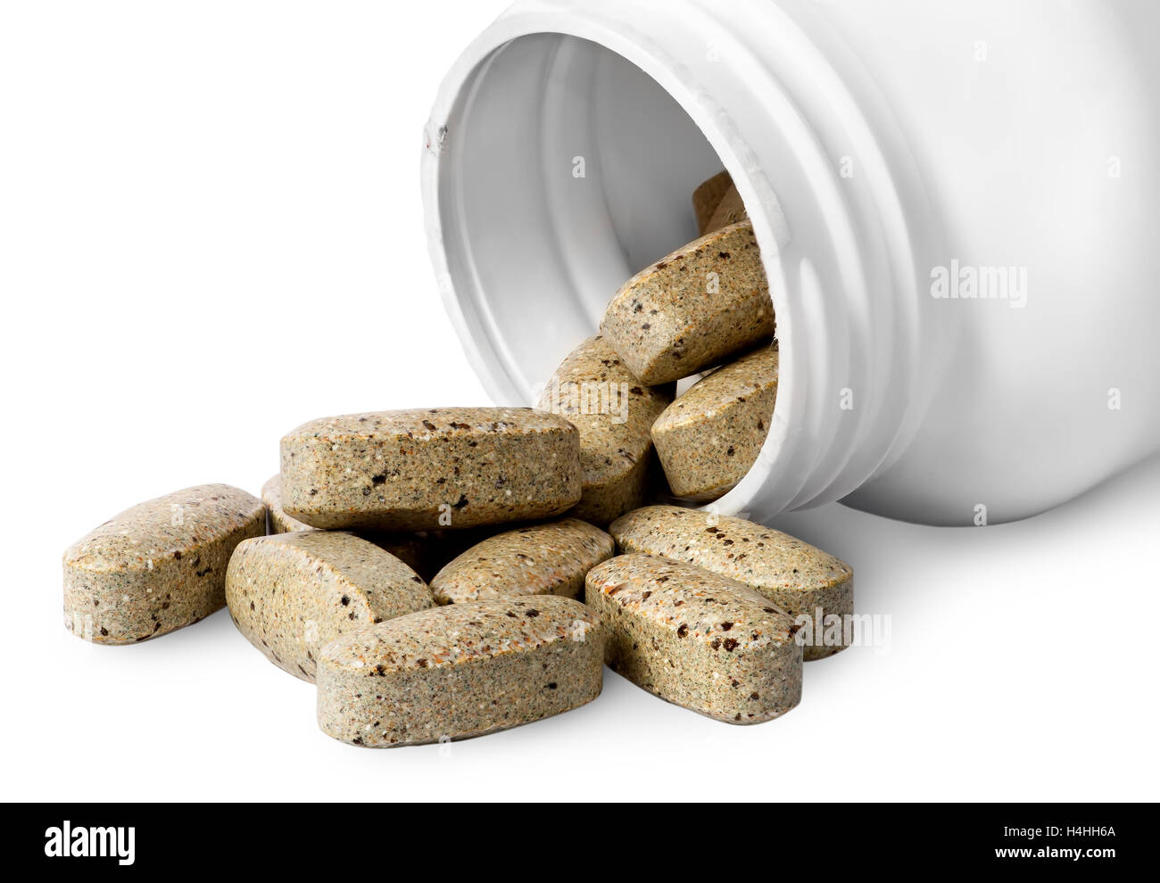 Open plastic bottle and heap of vitamins isolated on white background Stock Photo