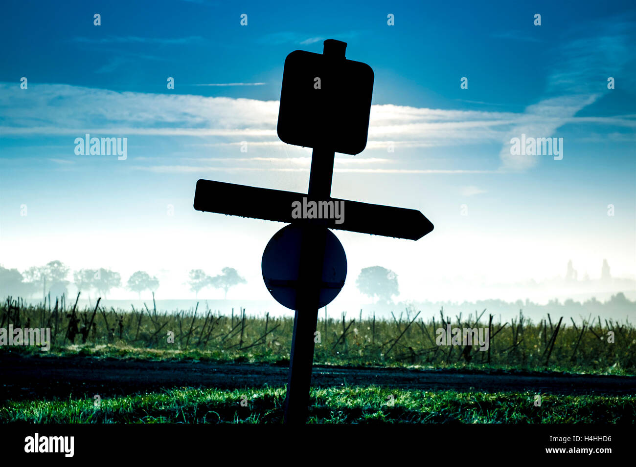 Silhouette of roadsigns - France. Stock Photo