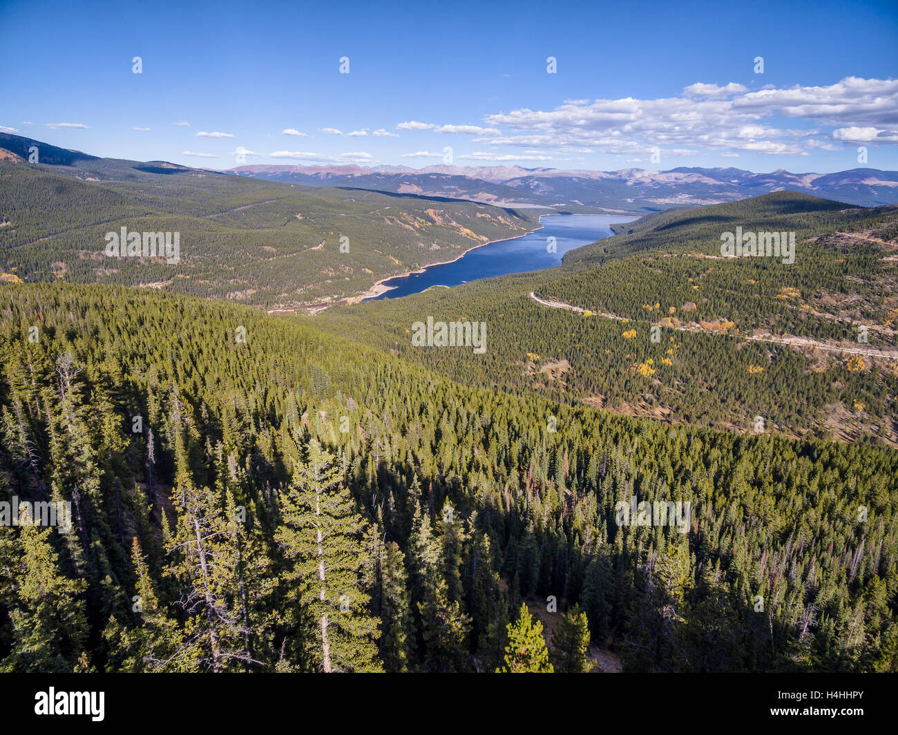 Turquoise Lake and Hagerman Pass road in Rocky Mountains near Leadville, COlorado - aerial view