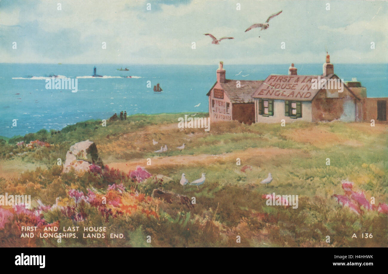 Vintage postcard entitled First and Last House in England and Longships Lands End Cornwall dated to 1934 artist unknown. Card published  in 1934 by Valentines Postcards (out of business) Stock Photo