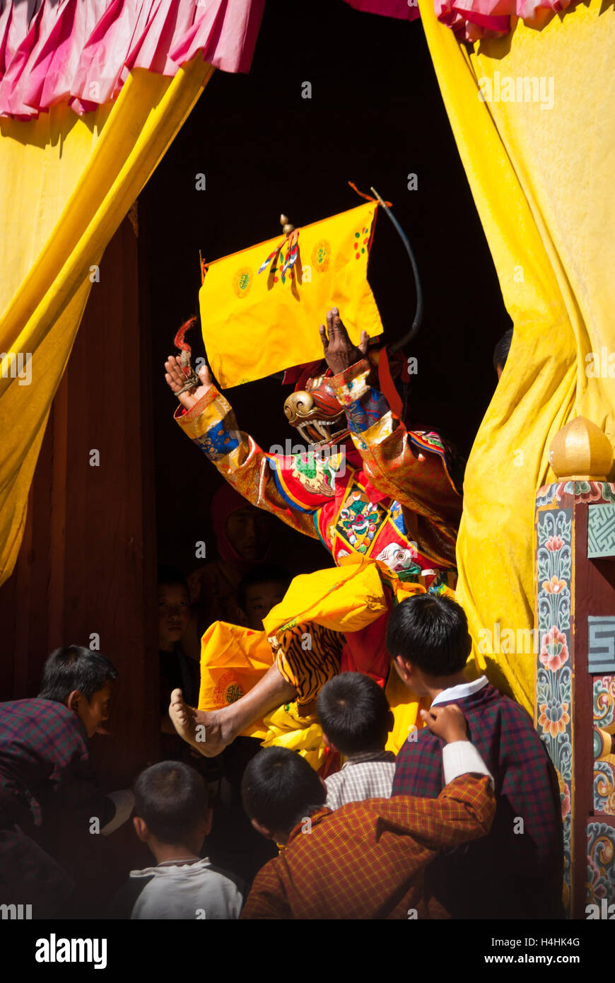 Traditional Buddhist Mask Dance at the Black-necked Crane Festival, Gangte Monastery, Phobjikha Valley, Bhutan Stock Photo