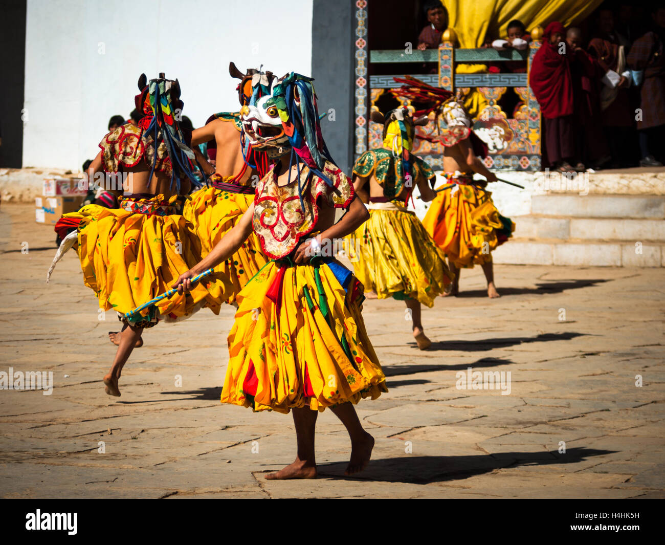 Traditional Buddhist Mask Dance at the Black-necked Crane Festival, Gangte Monastery, Phobjikha Valley, Bhutan Stock Photo