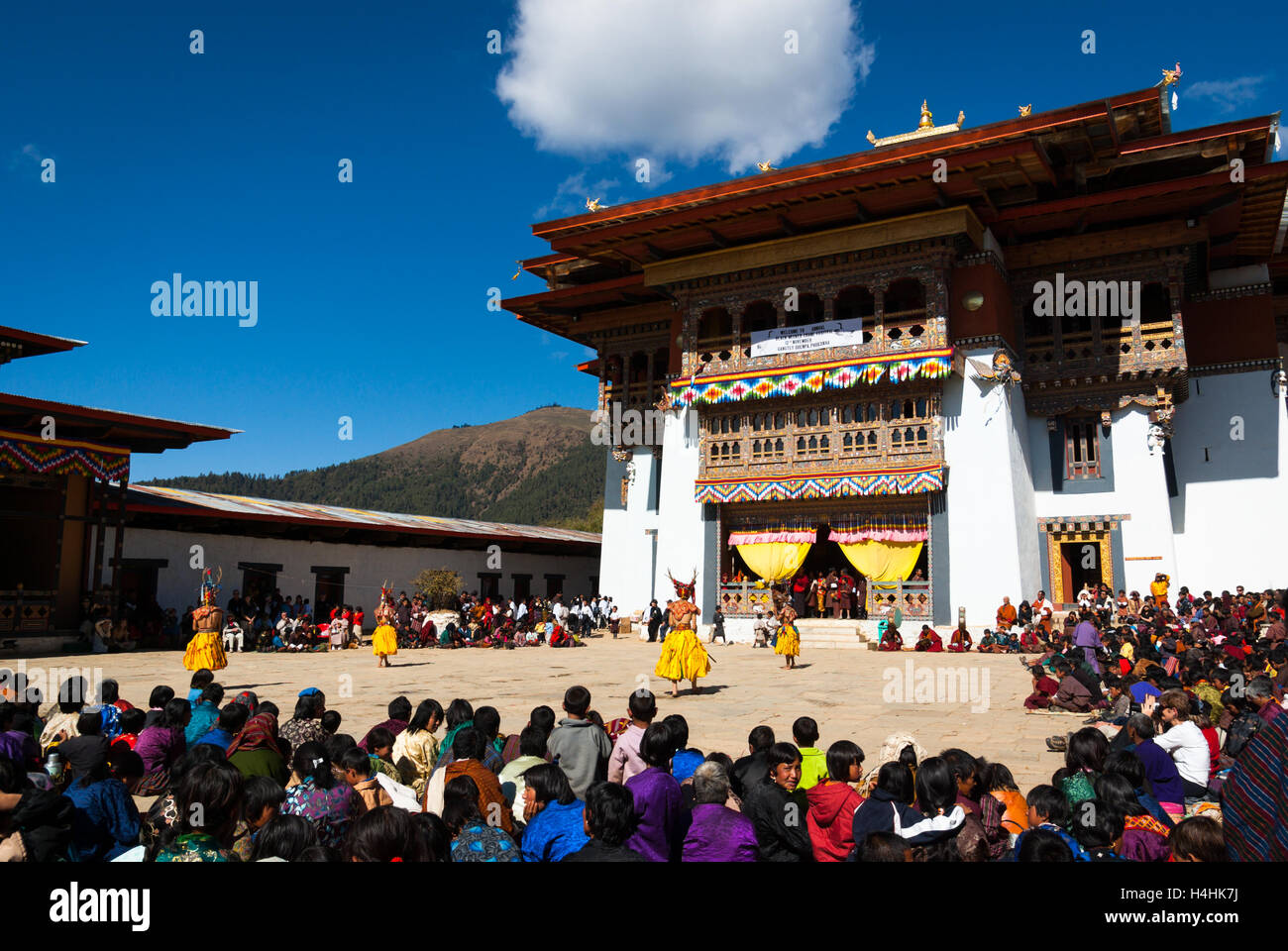 Traditional Buddhist Mask Dance at the Black-necked Crane Festival, Gangte Monastery, Phobjikha Valley, Bhutan Stock Photo