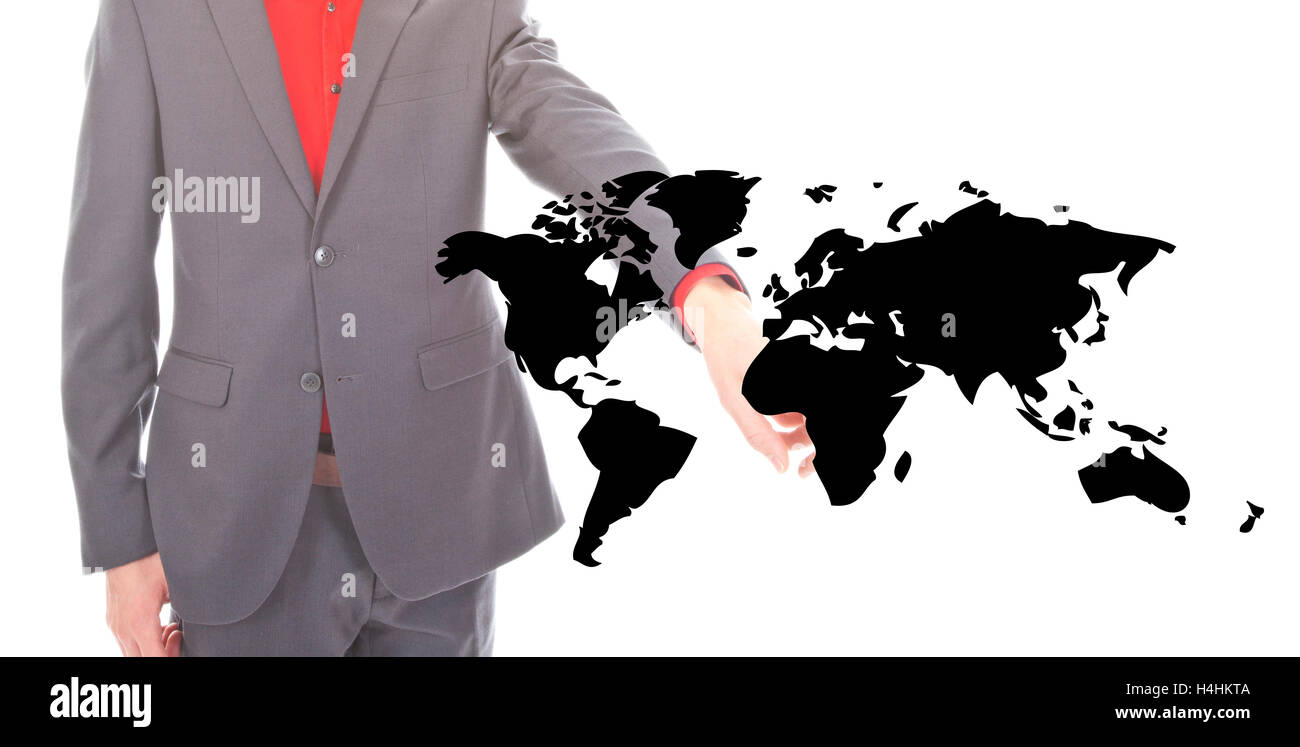 Young businessman with black world map on white background Stock Photo
