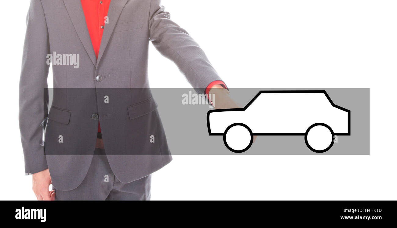 Young businessman with illustration of a car Stock Photo