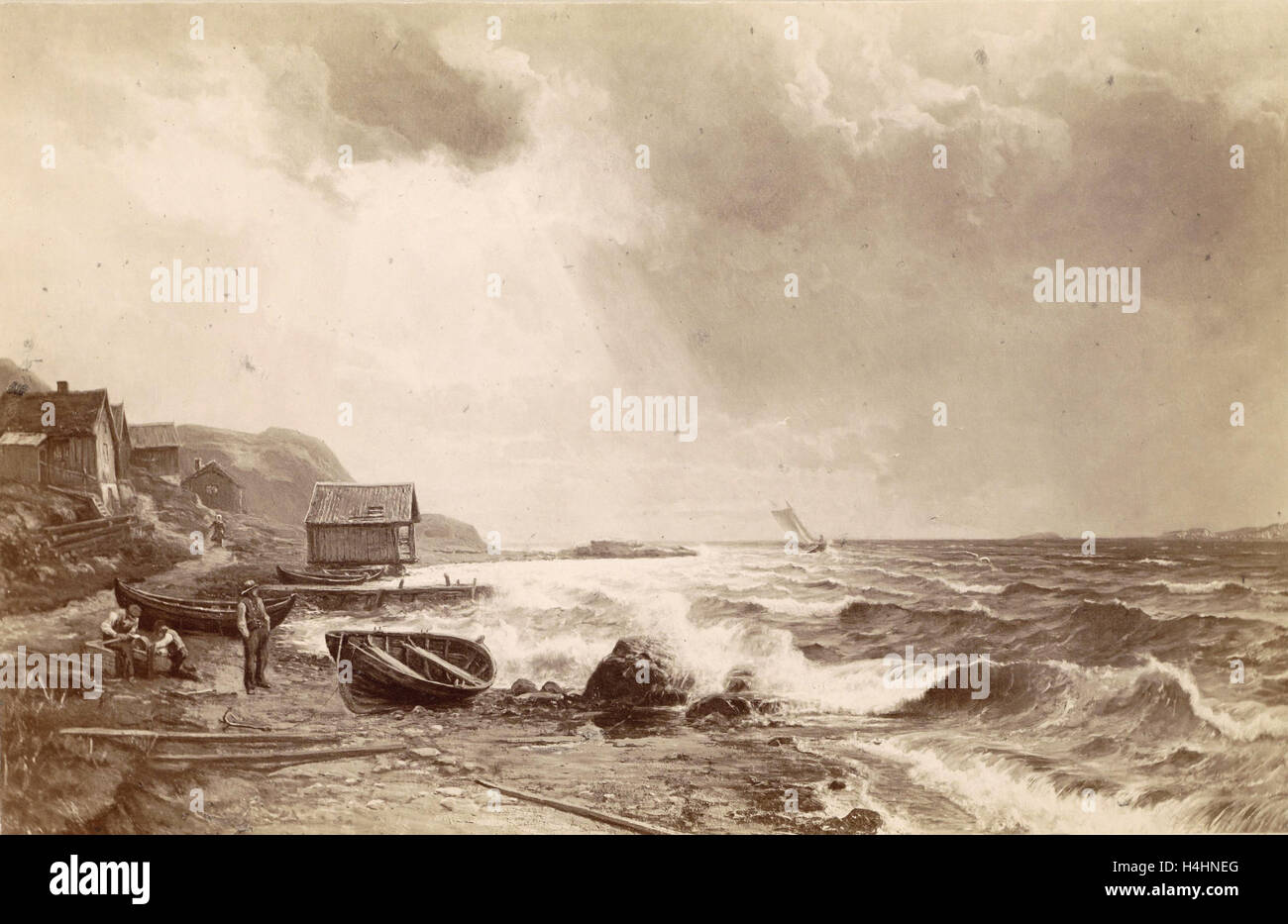 the painting Annalkande Storm: motivate fran Bohulän by Edv. Bergh, Anonymous, 1850 - 1876 Stock Photo
