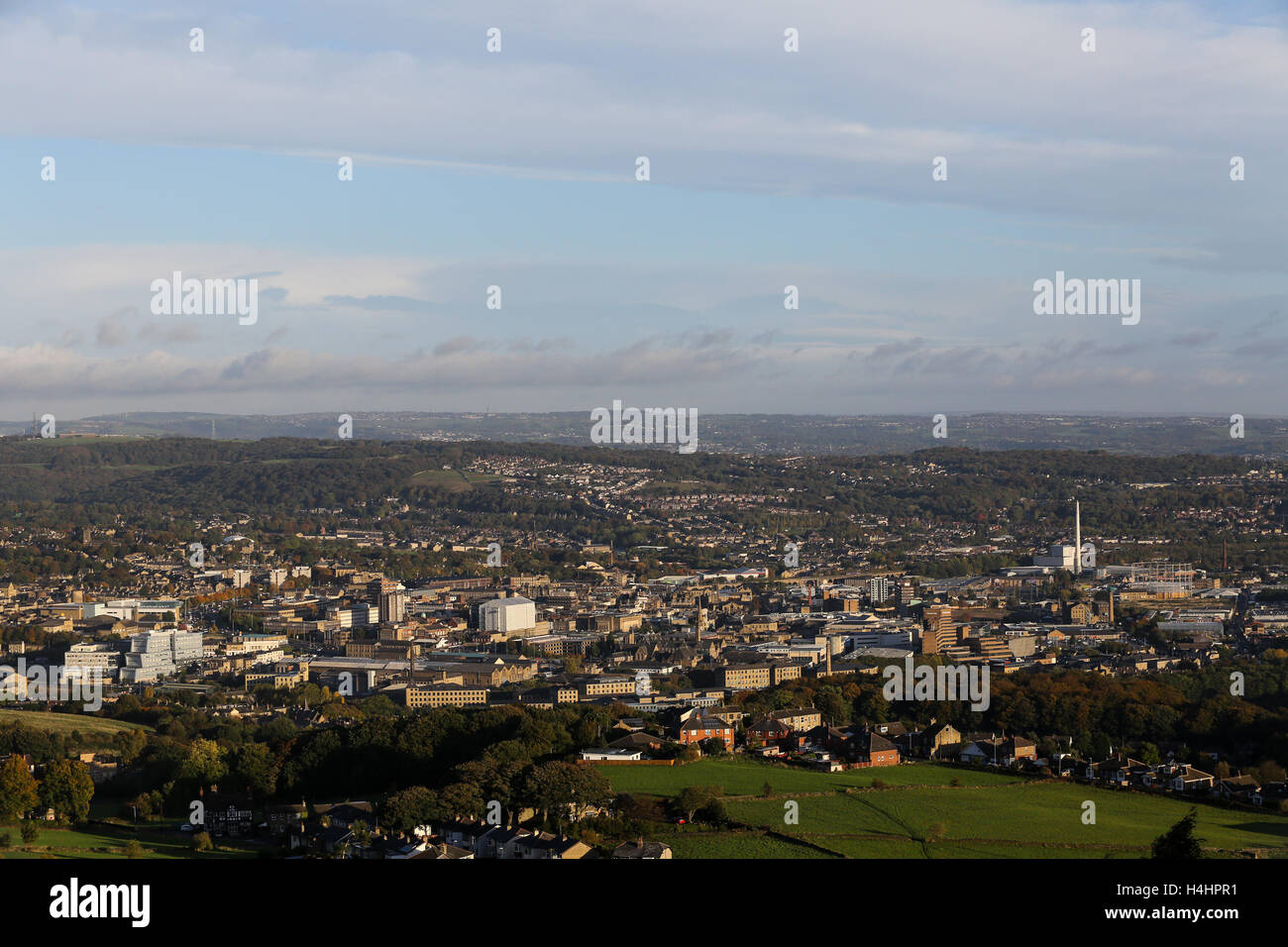 The view over Huddersfield town centre from atop Castle Hill in West Yorkshire. Stock Photo