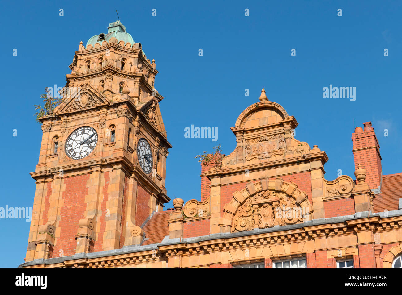 Newtown town clock tower and the top of Cross buildings.  Powys Wales UK Stock Photo