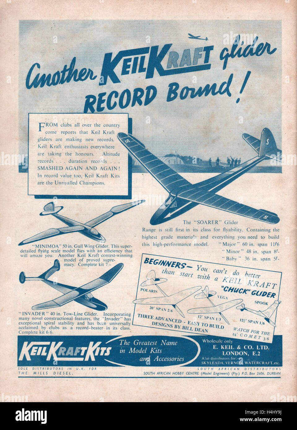 Vintage advert for Keil Kraft model gliders on the back cover of the Aeromodeller magazine dated July 1947 showing various soaring gliders. Keil Kraft ended in the 1970s but models and plans are still available. Stock Photo