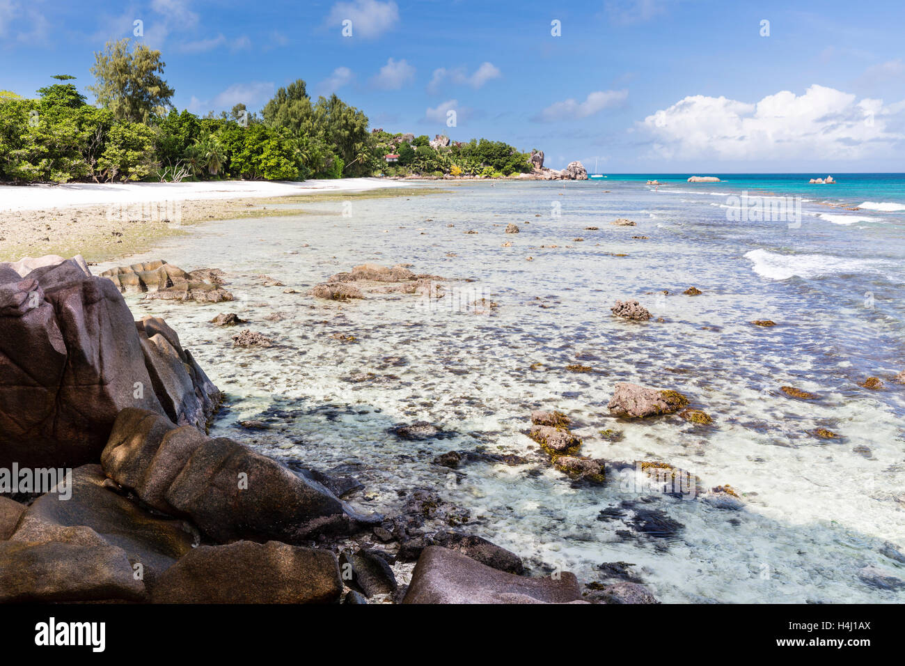 Low tide at Anse Severe in La Digue, Seychelles with palm trees and granite rocks Stock Photo