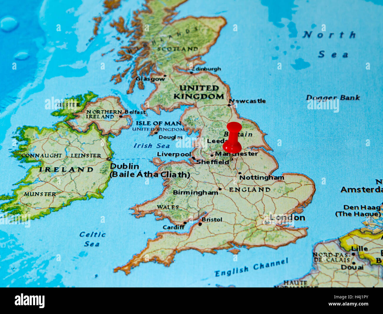 Sheffield, U.K.  pinned on a map of Europe. Stock Photo