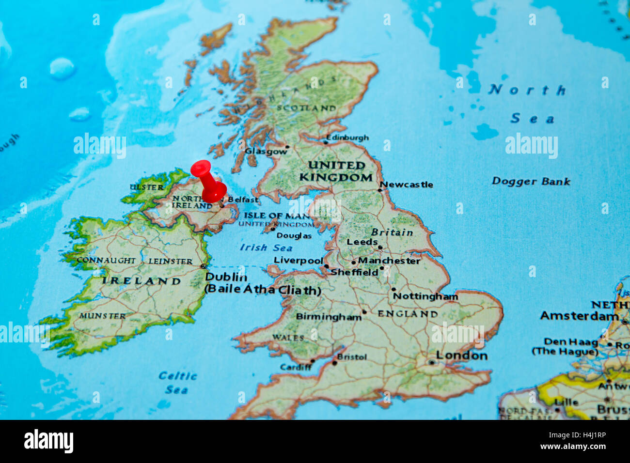 Belfast, Northern Ireland, U.K.  pinned on a map of Europe. Stock Photo