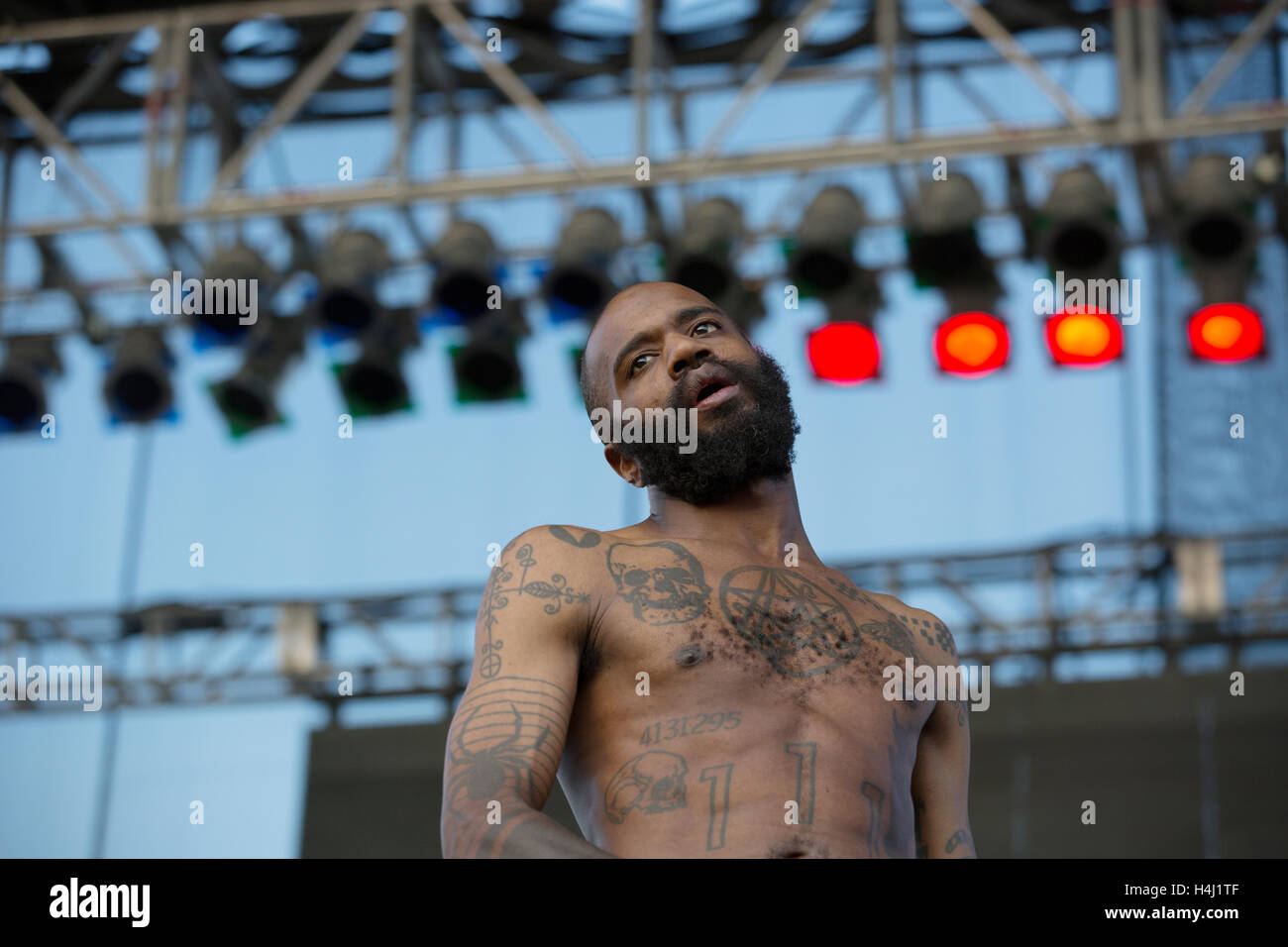 MC Ride of Death Grips performs at RIOT Fest on Friday, August 28th, 2015, at the National