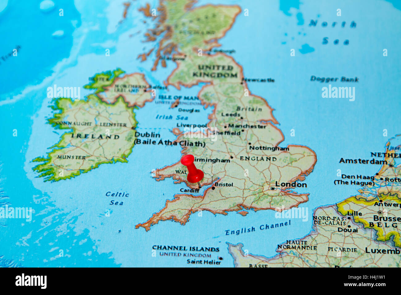 Cardiff, U.K. pinned on a map of Europe. Stock Photo