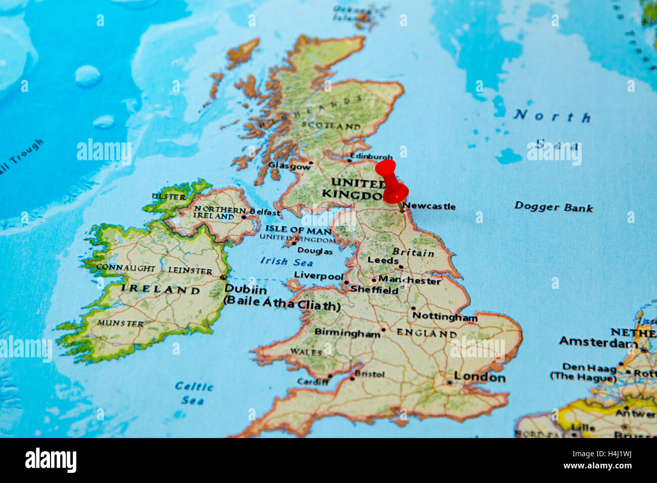 Newcastle, U.K. pinned on a map of Europe. Stock Photo