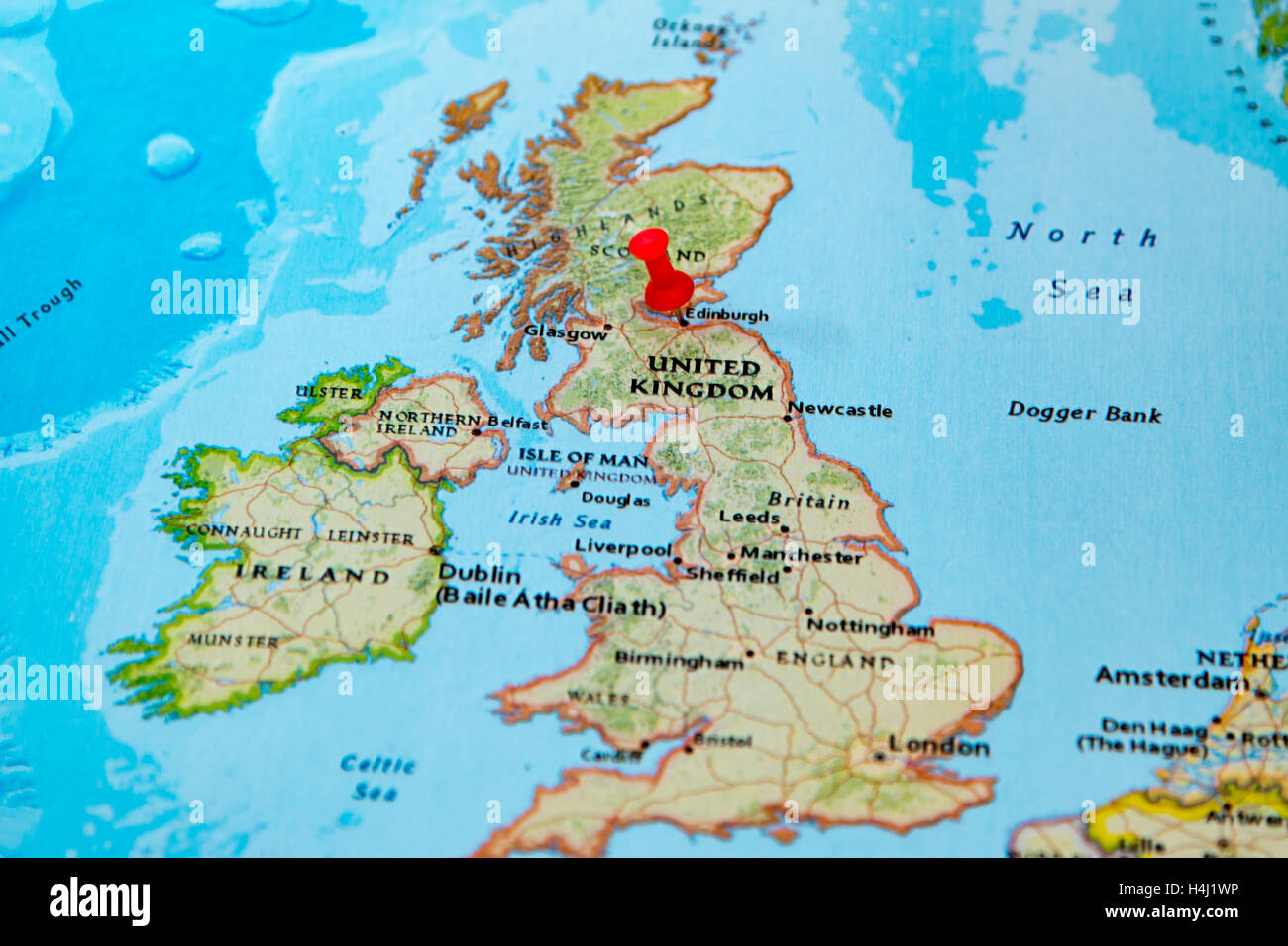 Edinburgh, Scotland pinned on a map of Europe. Stock Photo