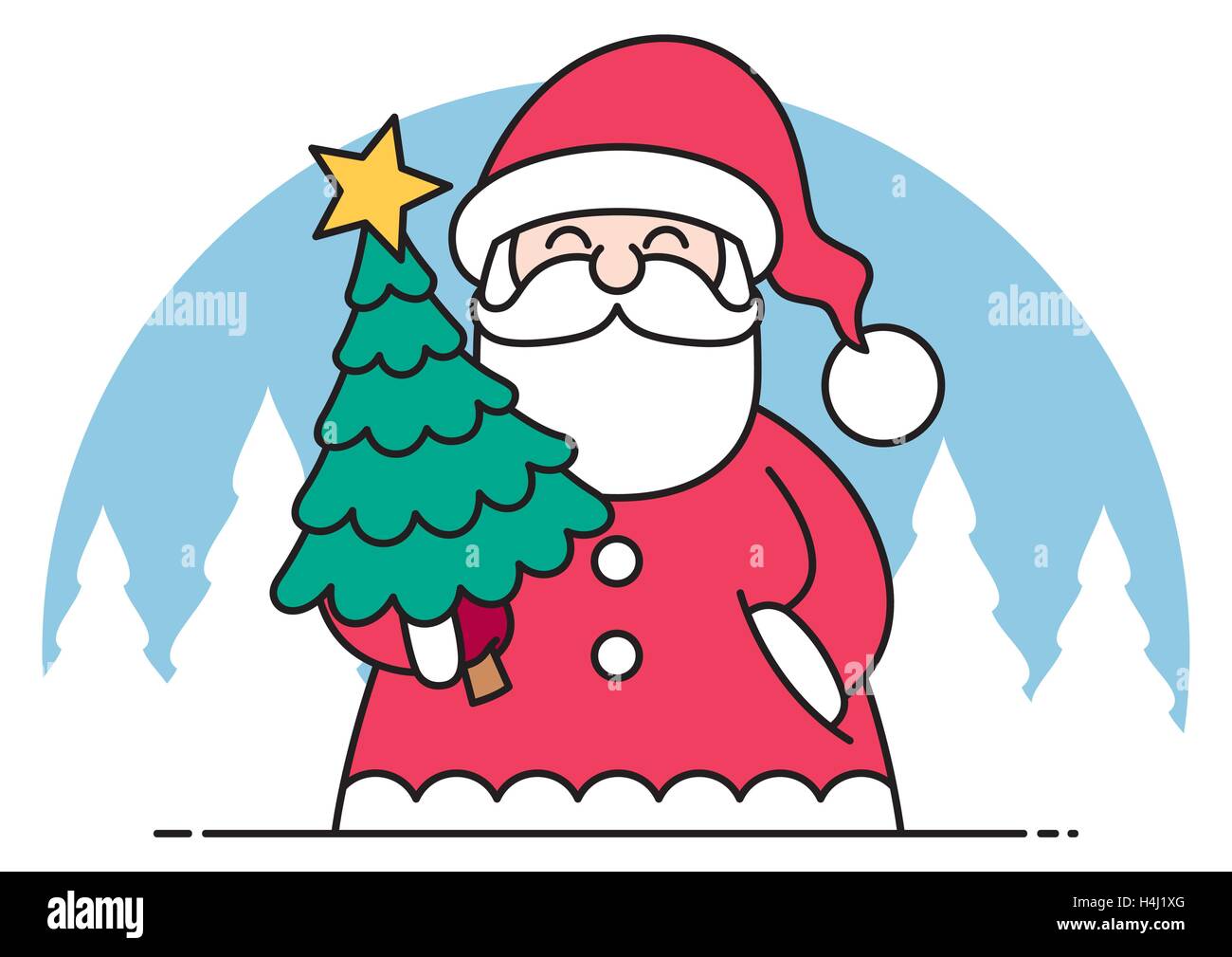 Thin line art flat design of Santa Claus bringing Christmas tree. Stock Vector