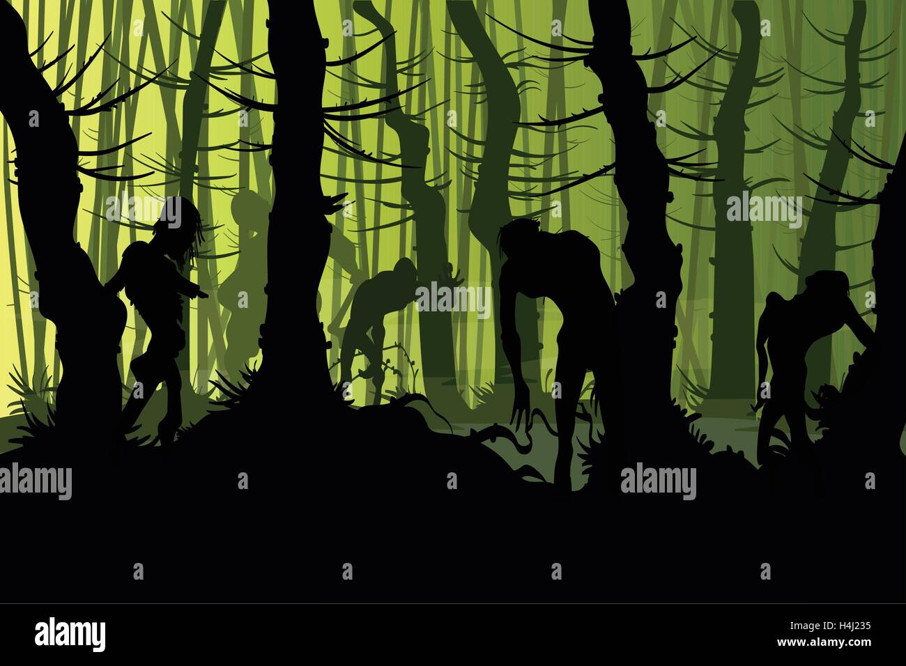 Vector illustration of zombies roaming a creepy night forest with mist Stock Vector