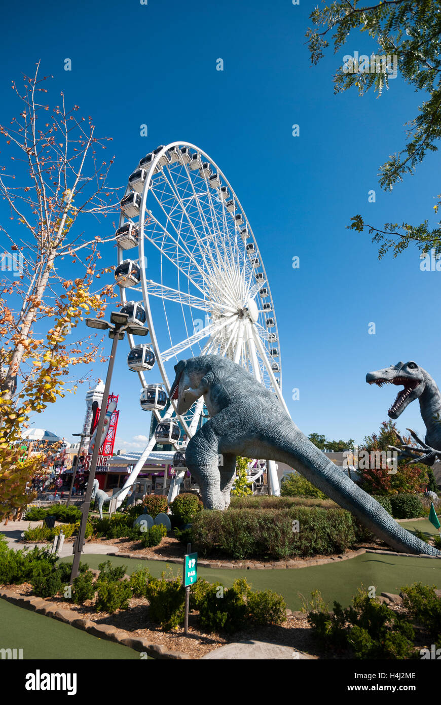 The Skywheel seen next to Dinosaur Adventure Golf a 70,000 sq foot dinosaur themed mini golf attraction in Niagara Falls Canada Stock Photo