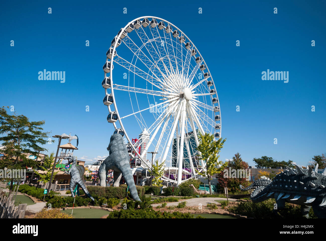 The Skywheel seen next to Dinosaur Adventure Golf a 70,000 sq foot dinosaur themed mini golf attraction in Niagara Falls Canada Stock Photo