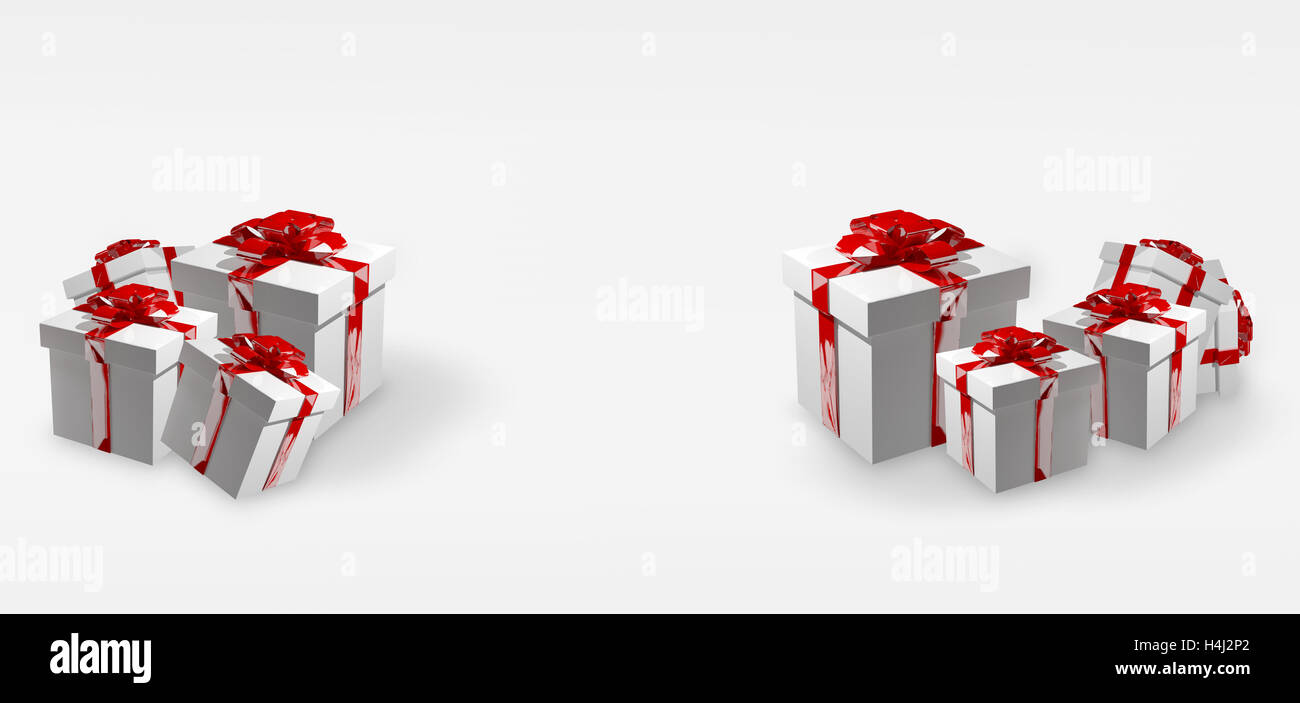 weiße Weihnachtsgeschenke mit roten Schleifen 3D Render Stock Photo