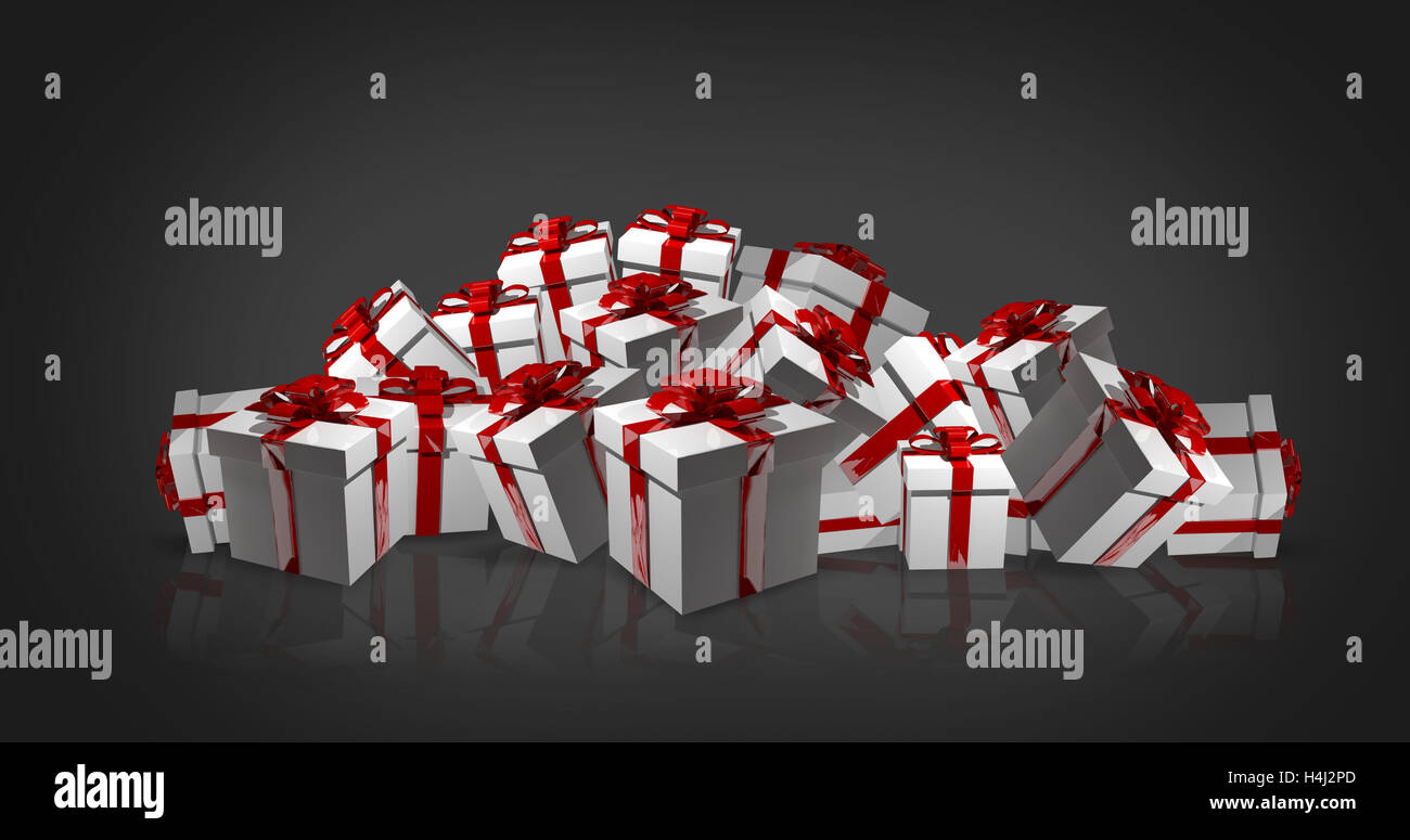 weiße Weihnachtsgeschenke mit roten Schleifen 3D Render Stock Photo