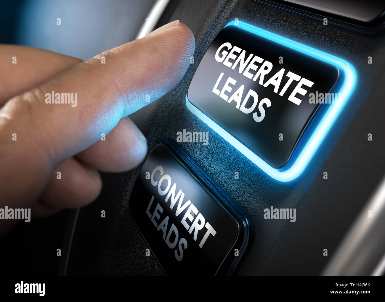 Hand about to press a generate leads button with blue light over black background. Concept of lead management. Composite between Stock Photo