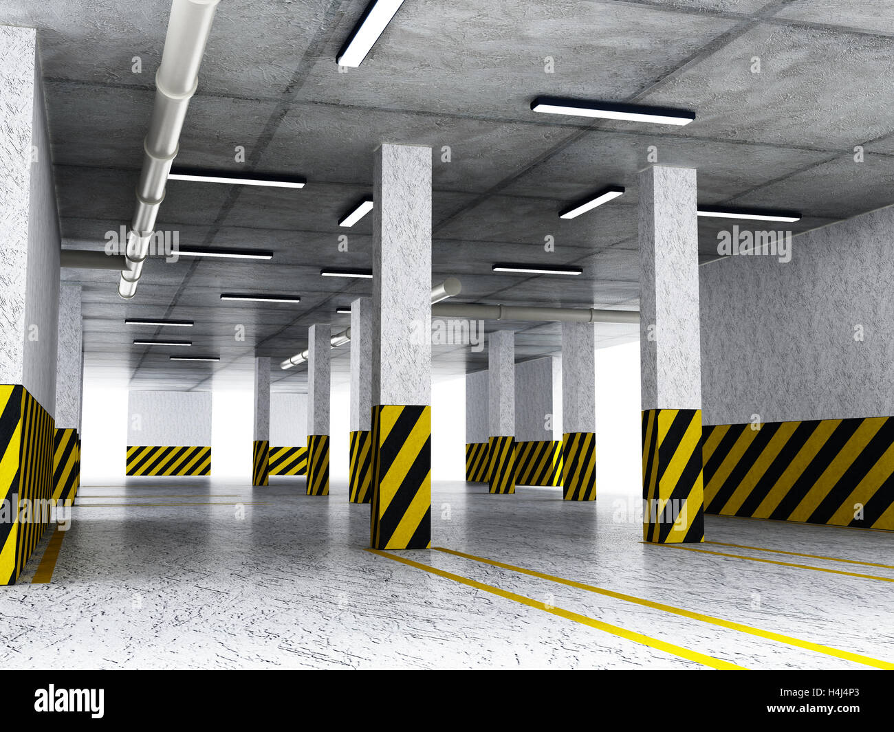 Indoor car parking lot with yellow lines. 3D illustration Stock Photo