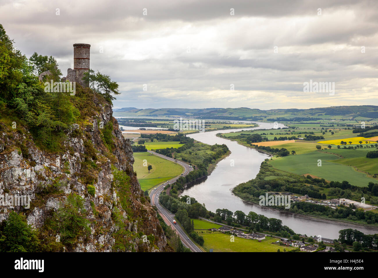 Eighteenth century Folly or Kinnoull Tower Hill, Binn Tower on clifftop escarpment above the River Tay and the A93.  Scottish landmarks, near Perth, Perthshire - Scotland, UK Stock Photo