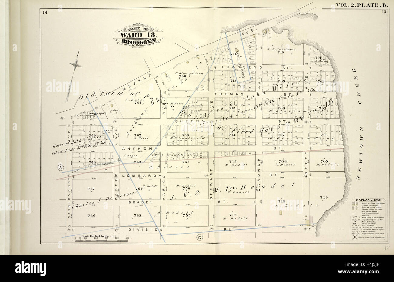 Vol. 2. Plate, B. Map bound by Meeker Ave., Newtown Creek, Division Pl., Vandervoort Ave.; Including Townsend St., Thomas St. Stock Photo